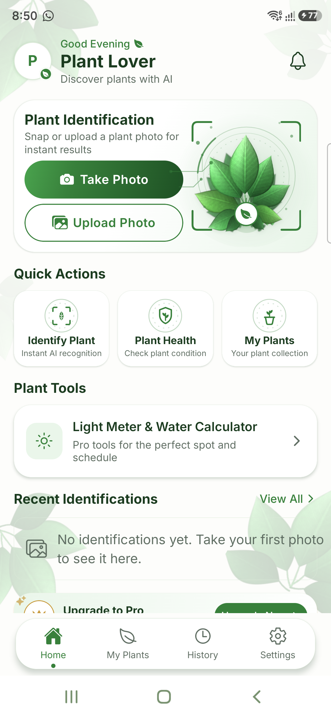 The Plant Identifier AI home screen, showing Take Photo and Upload Photo buttons, quick actions for identifying a plant and checking plant health, and the plant tools section.